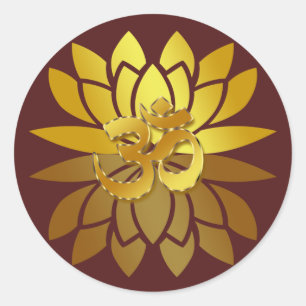 OM Omkara and Gold Colored Lotus Flower Classic Round Sticker