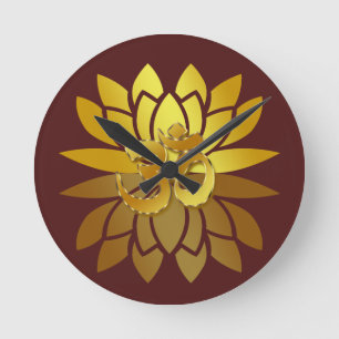 OM Omkara and Gold Colored Lotus Flower Round Clock