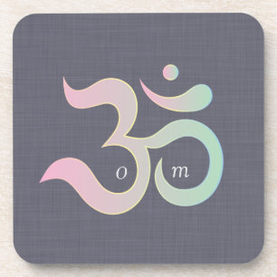 Om Sanskrit zen design pink green blue linen print Beverage Coaster