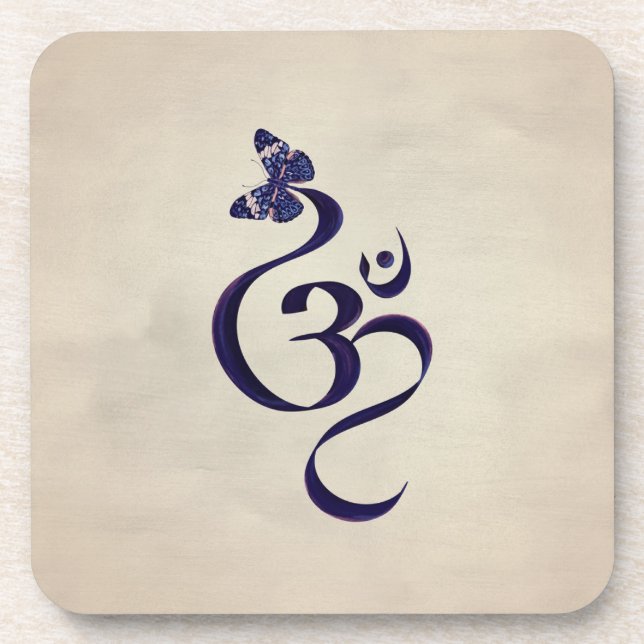 OM symbol and Butterfly - watercolor Beverage Coaster (Front)