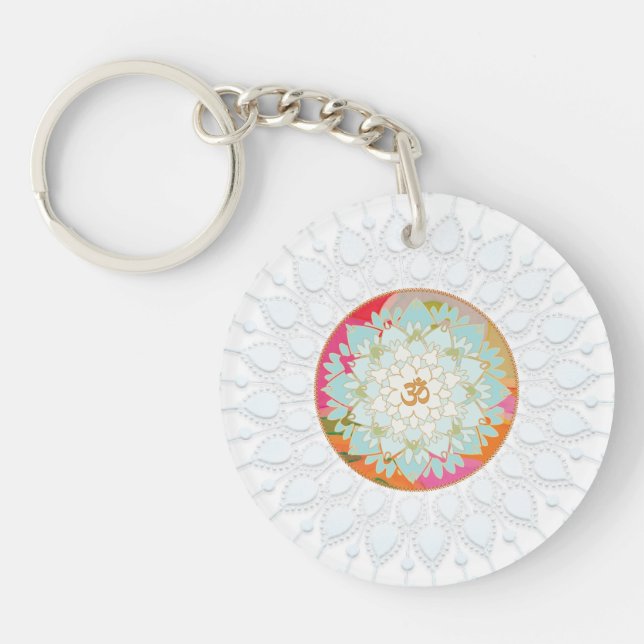 OM Symbol Colorful Lotus Flower Mandala Chakra Keychain (Front)