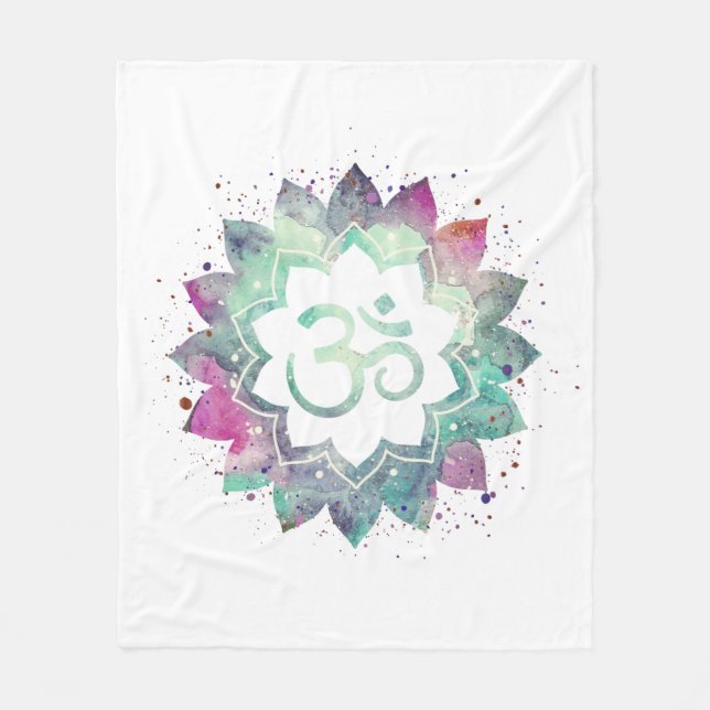*~* OM Symbol Flower Lotus Mandala White Teal Fleece Blanket (Front)