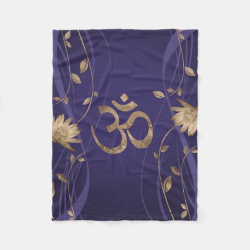 Om Symbol Golden Lotus Flowers on purple Fleece Blanket
