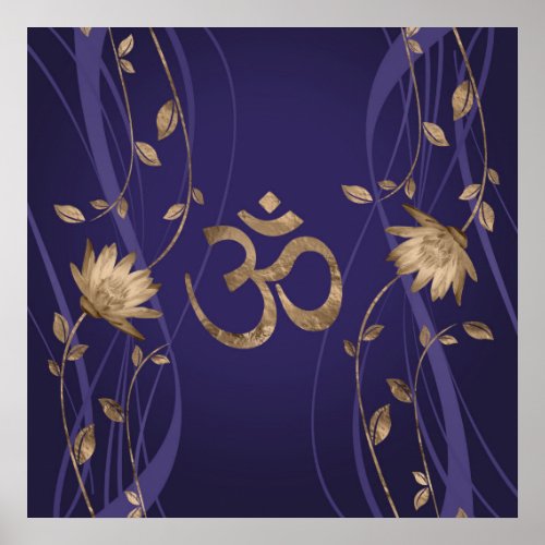 Om Symbol Golden Lotus Flowers on purple Poster