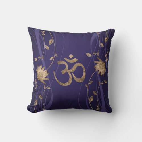 Om Symbol Golden Lotus Flowers on purple Throw Pillow