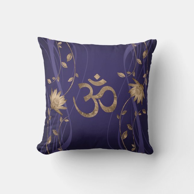 Om Symbol Golden Lotus Flowers on purple Throw Pillow (Front)