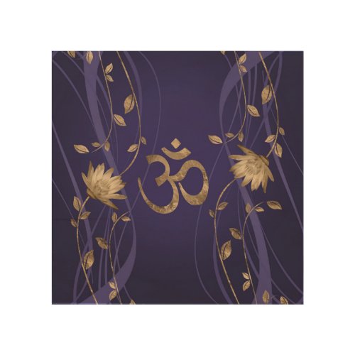 Om Symbol Golden Lotus Flowers on purple Wood Wall Art