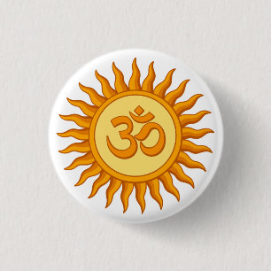 Om Symbol in Radiant Sun Spiritual Hindu Design Button