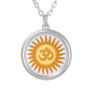 Om Symbol in Radiant Sun Spiritual Hindu Design Silver Plated Necklace