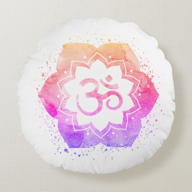 *~* OM Symbol Lotus Flower Mandala Ombre Round Pillow (Front)