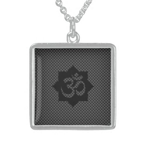 OM Symbol Lotus Spirituality Carbon Fiber Decor Sterling Silver Necklace