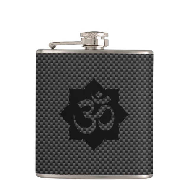 OM Symbol Lotus Spirituality in Carbon Fiber Style Hip Flask (Front)