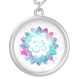 *~* OM Symbol . Lotus Watercolor Mandala Aum Silver Plated Necklace