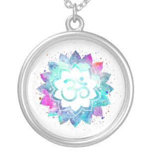 *~* OM Symbol . Lotus Watercolor Mandala Aum Silver Plated Necklace