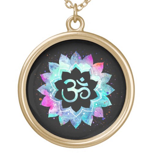  OM Symbol Lotus Watercolor  Mandala Gold Plated Necklace