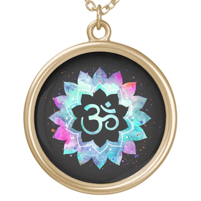 *~* OM Symbol Lotus Watercolor . Mandala Gold Plated Necklace (Front)
