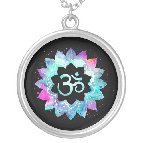  OM Symbol  Lotus Watercolor  Mandala Silver Plated Necklace