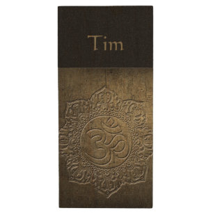 OM Symbol Mandala Bronze Metal effect 1 W USB Wood Flash Drive