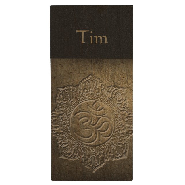 OM Symbol Mandala Bronze Metal effect 3 W USB Wood Flash Drive (Front Vertical)