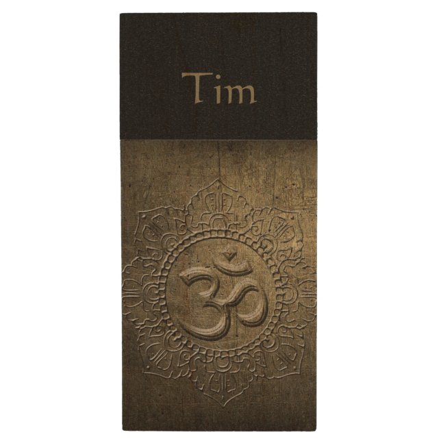 OM Symbol Mandala Bronze Metal effect 5 W USB Wood Flash Drive (Front Vertical)