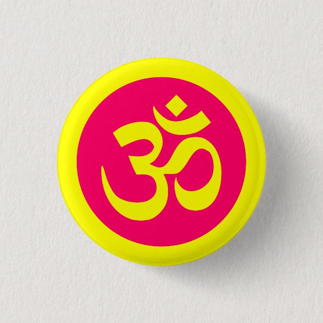 Om Symbol on Yellow and Pink Badge Pinback Button (Front)