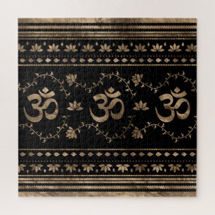 OM symbol ornament - black and gold Jigsaw Puzzle