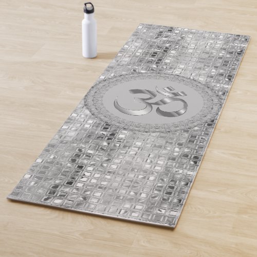 OM Symbol Shimmery Silver Grey Tiles Yoga Mat
