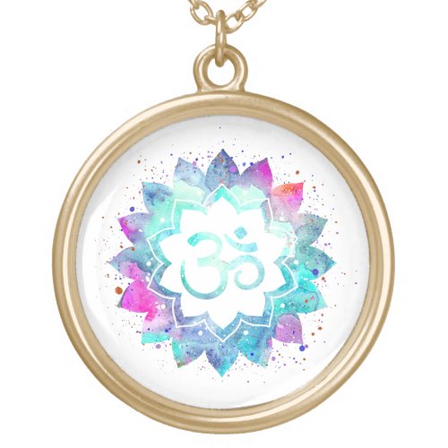  OM Symbol Watercolor  Mandala Aum Lotus Gold Plated Necklace