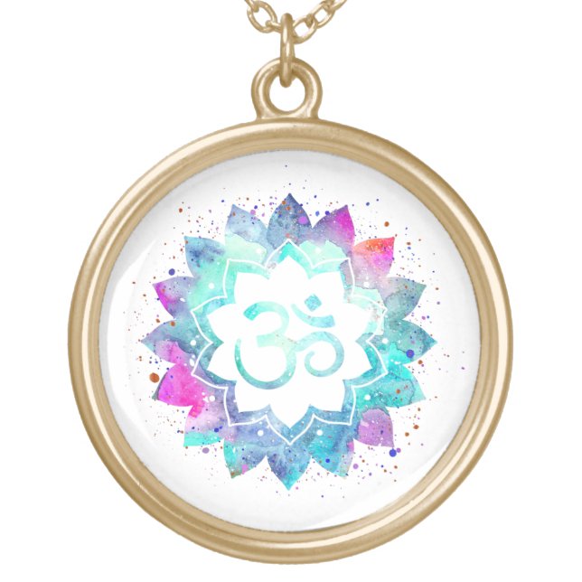 *~* OM Symbol Watercolor  Mandala Aum Lotus Gold Plated Necklace (Front)