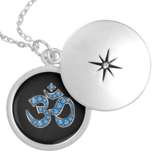 Om Symbol with "Aquamarine" Stones Silver Plated Necklace
