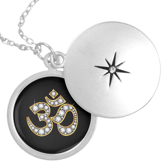 Om Symbol with "Diamond" Stones Locket Necklace (Front)