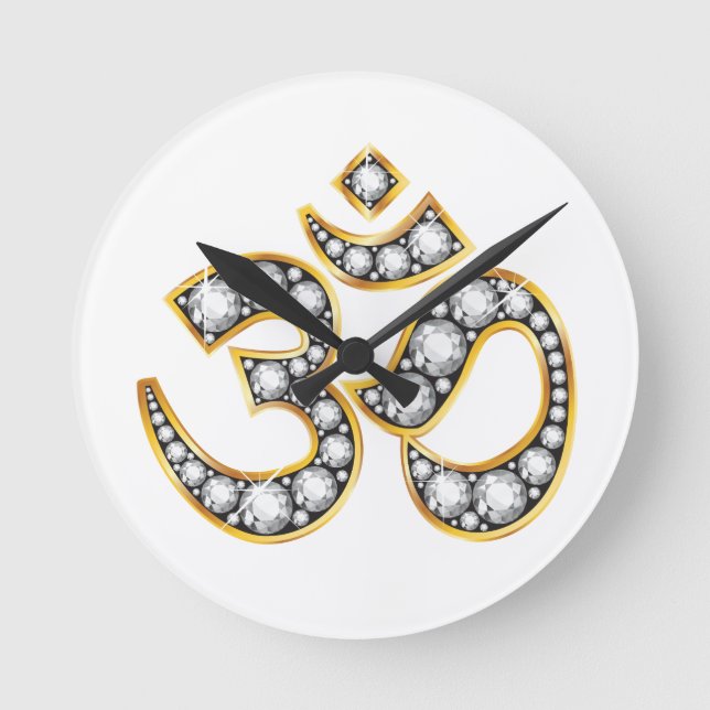 Om Symbol with "Diamond" Stones Round Clock (Front)