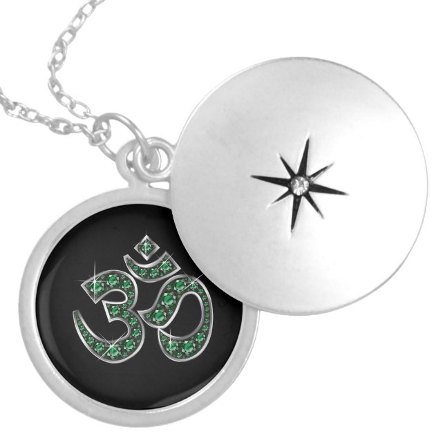 Om Symbol with "Emerald" Stones Locket Necklace (Front)