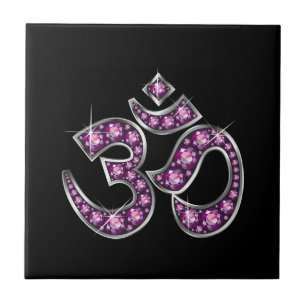 Om Symbol with "Garnet" Stones Ceramic Tile