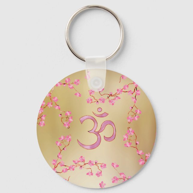 OM symbol  with gentle pastel pink flower tree Keychain (Front)