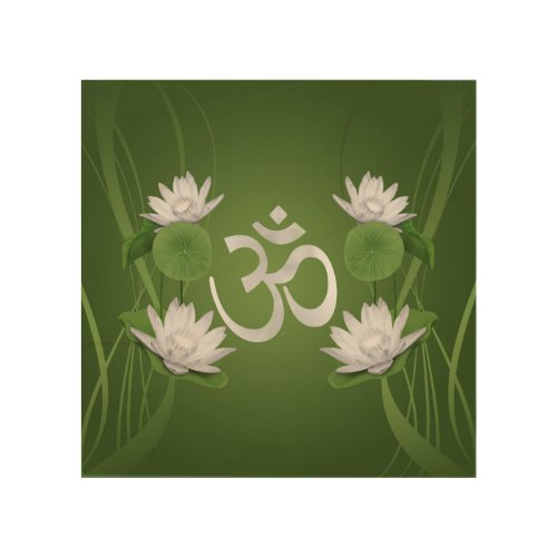 Om Symbol with Lotus flowers on green Wood Wall Art
