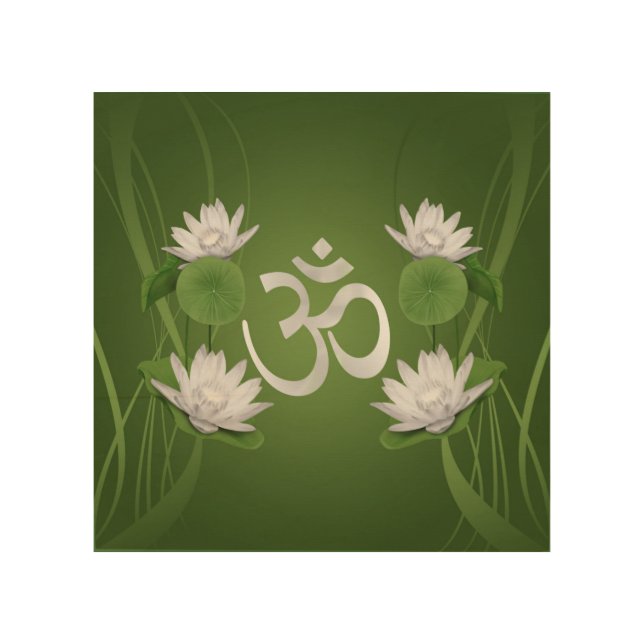 Om Symbol with Lotus flowers on green Wood Wall Art (Front)