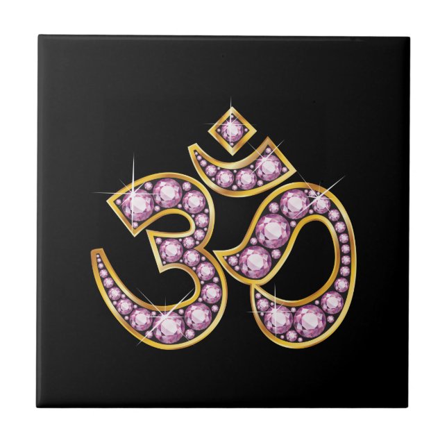 Om Symbol with "Rose Quartz" Stones Ceramic Tile (Front)