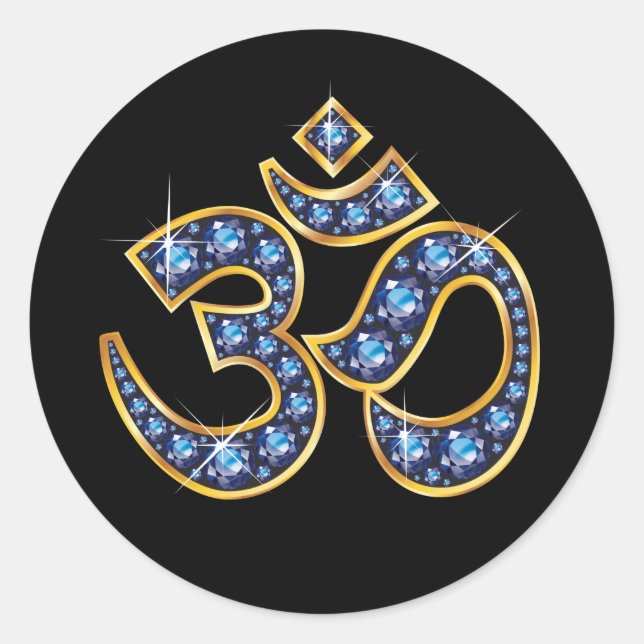 Om Symbol with "Sapphire" Stones Classic Round Sticker (Front)
