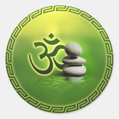 OM symbol  with zen stones on gentle green Classic Round Sticker