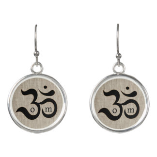 Om symbol zen minimalist beige burlap earrings