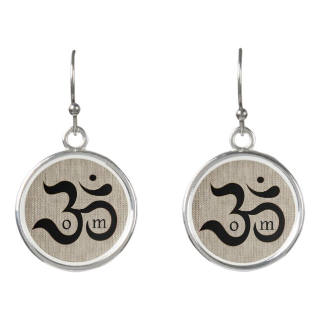 Om symbol zen minimalist beige burlap earrings (Front)