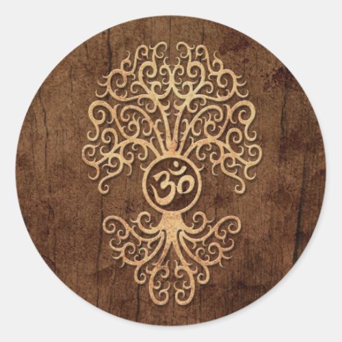 Om Tree with Wood Grain Effect Classic Round Sticker