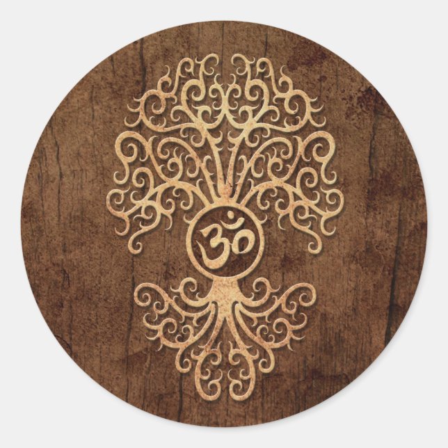 Om Tree with Wood Grain Effect Classic Round Sticker (Front)
