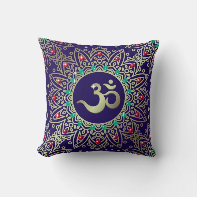 Om Yoga Symbol Mandala Blue Red Teal Throw Pillow (Front)