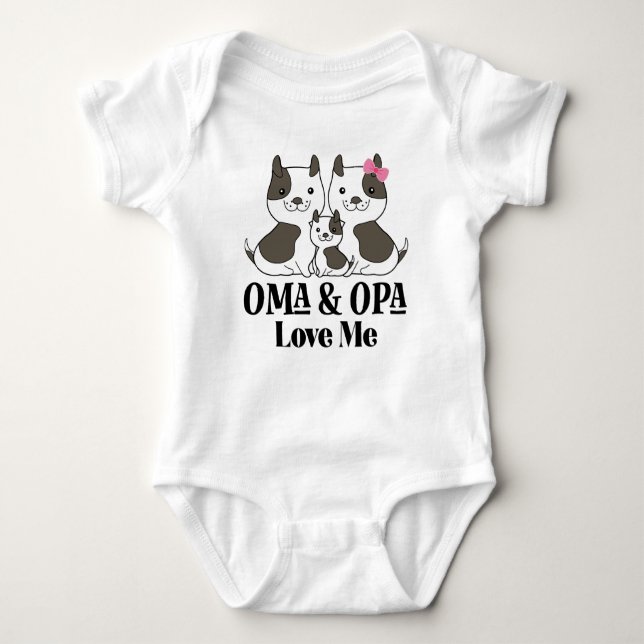 Oma and Opa Love Me Grandchild Puppies Baby Bodysuit (Front)