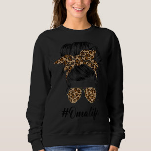 Oma Life Messy Hair Bun Leopard Print Women Mother Sweatshirt
