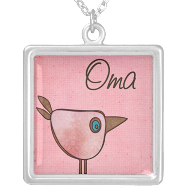oma pink whimsical bird silver plated necklace (Front)