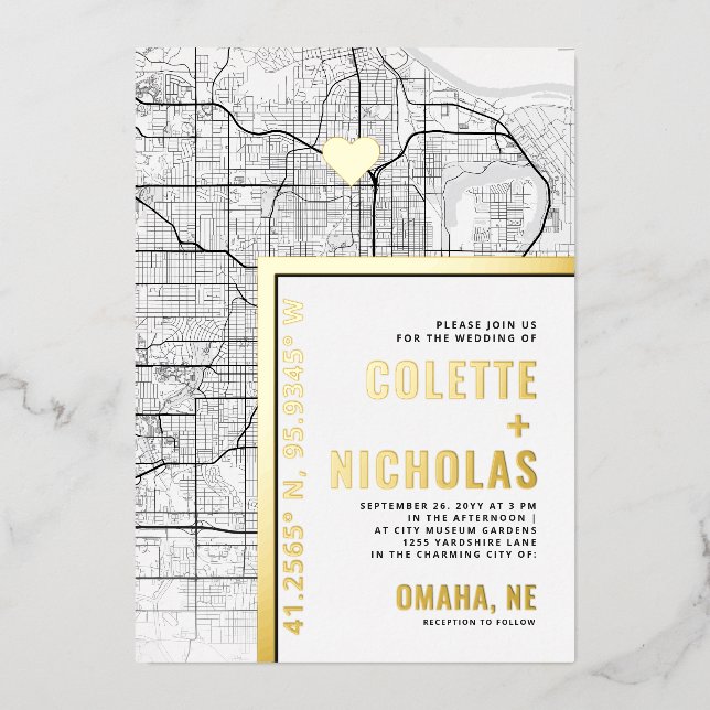 Omaha Love Locator | City Themed Wedding Foil Invitation (Front)
