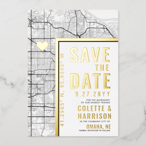 Omaha NE Love Locator  Wedding Save the Date Foil Invitation